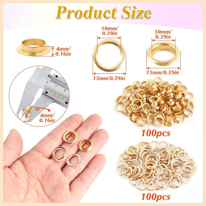 PECMER 100 PCS Eyelets and Grommets- 3/8 Inch Copper Eyelets Grommets with Washers for Belt Bag Tag Scrapbook-10 mm Gold Eyelets for Paper Crafts and Fabric Shoes - Image 2